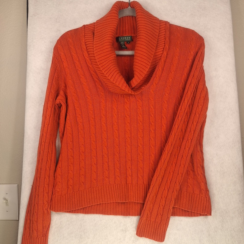 Lauren Ralph Lauren Orange Silk Cashmere Cable Knit Cowl Neck Sweater Medium